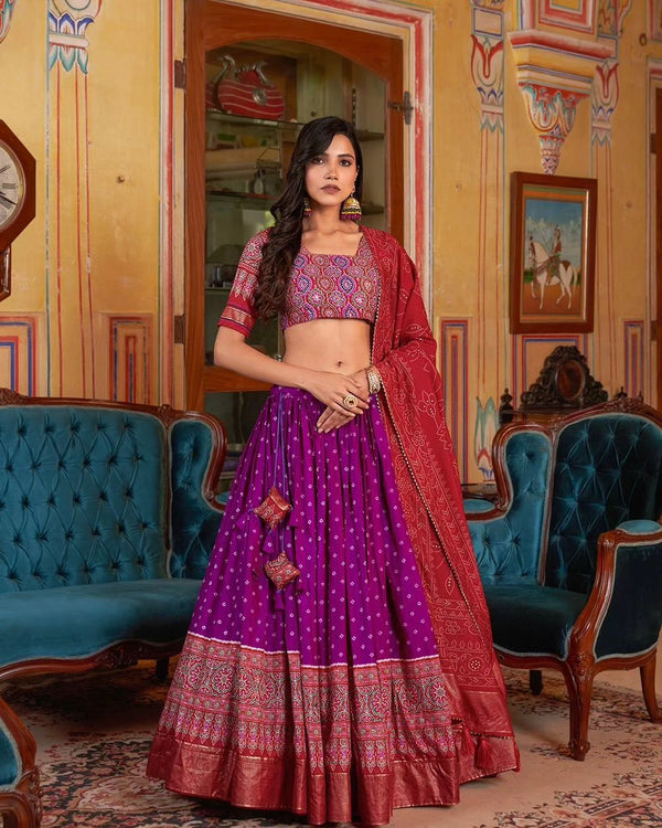 Malishka Womens Purple Dola Silk With Foil Print Lehenga Choli Set
