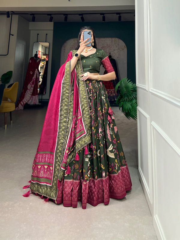 Malishka Womens Green Dola Silk With Foil Print Lehenga Choli Set