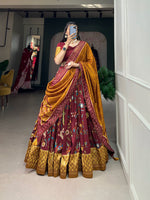 Thumbnail for Malishka Womens Maroon Dola Silk With Foil Print Lehenga Choli Set