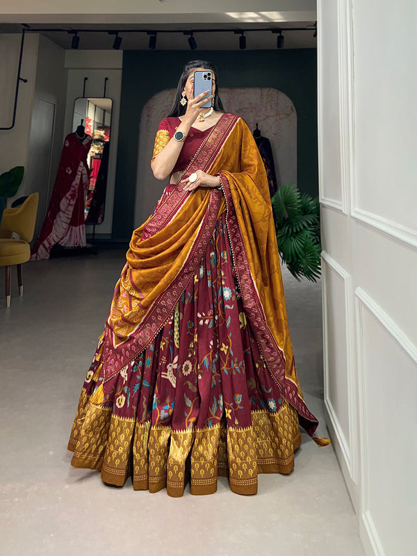 Malishka Womens Maroon Dola Silk With Foil Print Lehenga Choli Set