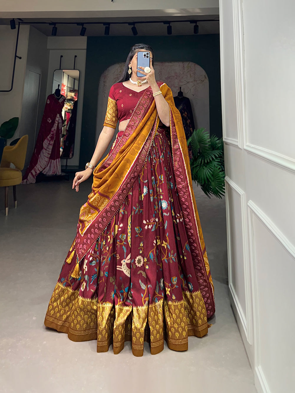 Malishka Womens Maroon Dola Silk With Foil Print Lehenga Choli Set