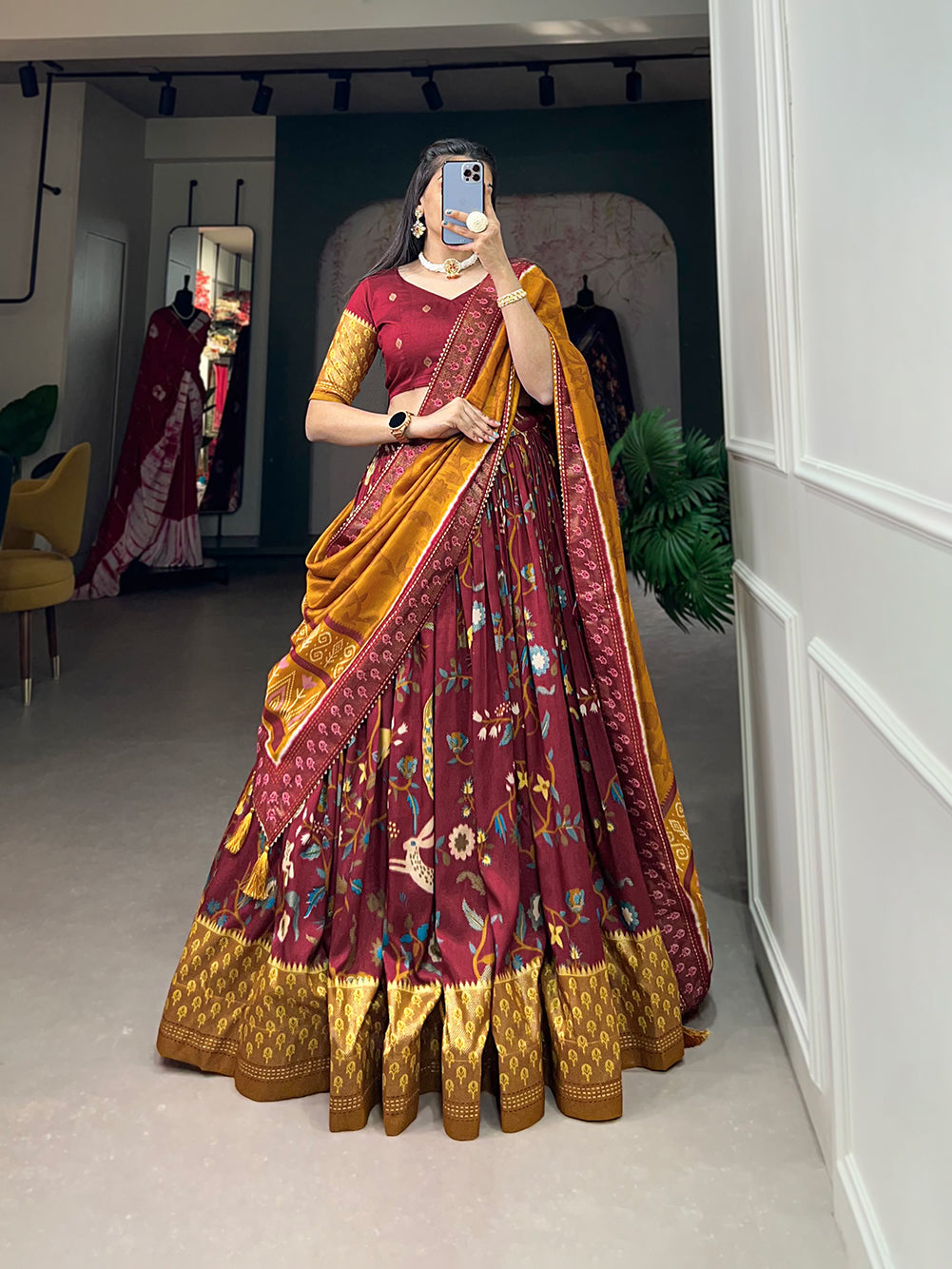 Malishka Womens Maroon Dola Silk With Foil Print Lehenga Choli Set