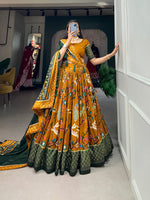 Thumbnail for Malishka Womens Mustard Dola Silk With Foil Print Lehenga Choli Set
