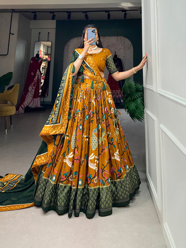 Malishka Womens Mustard Dola Silk With Foil Print Lehenga Choli Set