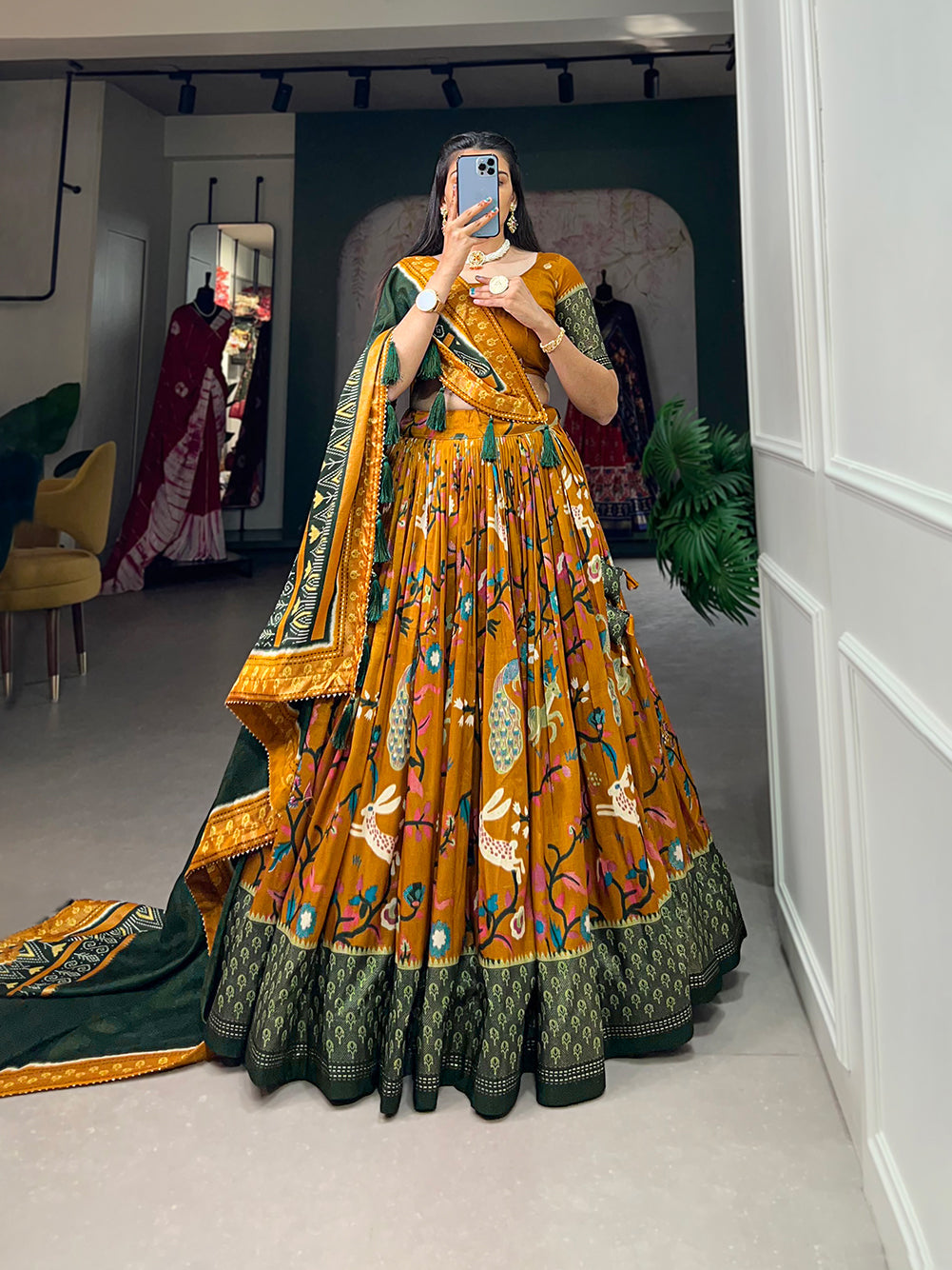 Malishka Womens Mustard Dola Silk With Foil Print Lehenga Choli Set