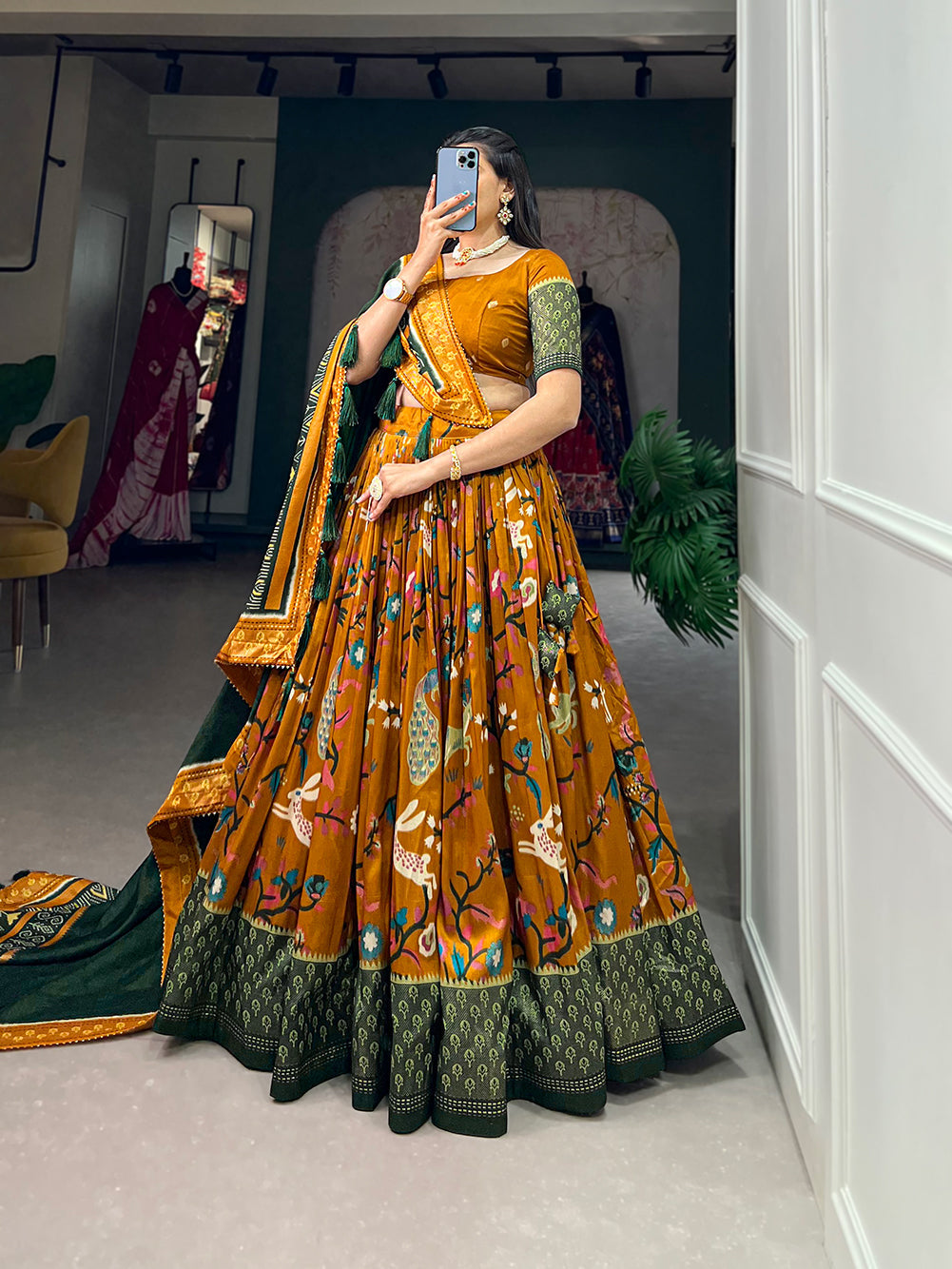 Malishka Womens Mustard Dola Silk With Foil Print Lehenga Choli Set