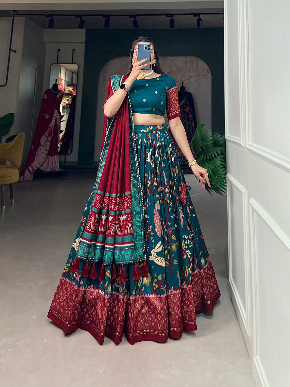 Malishka Womens Rama Dola Silk With Foil Print Lehenga Choli Set