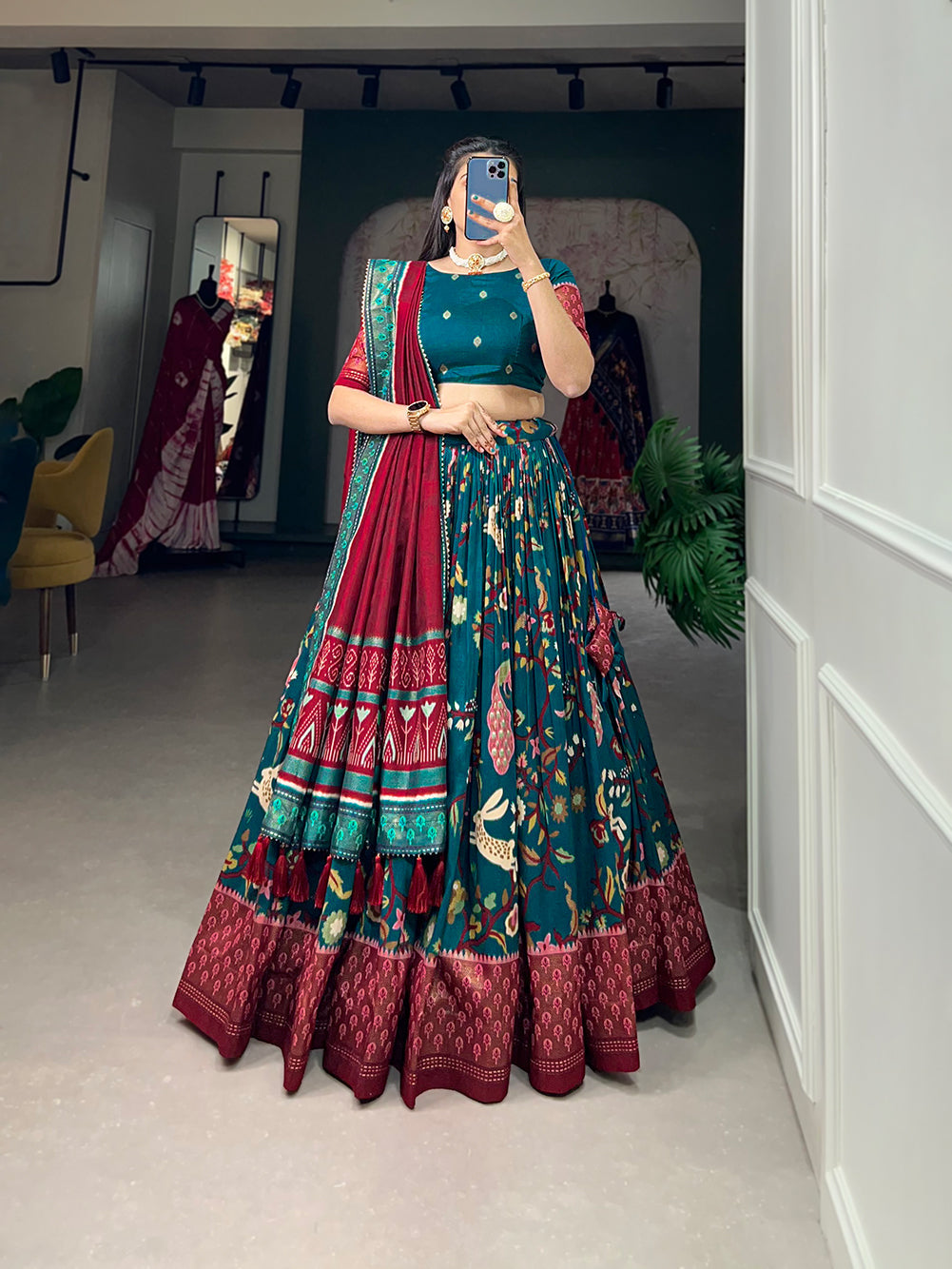 Malishka Womens Rama Dola Silk With Foil Print Lehenga Choli Set