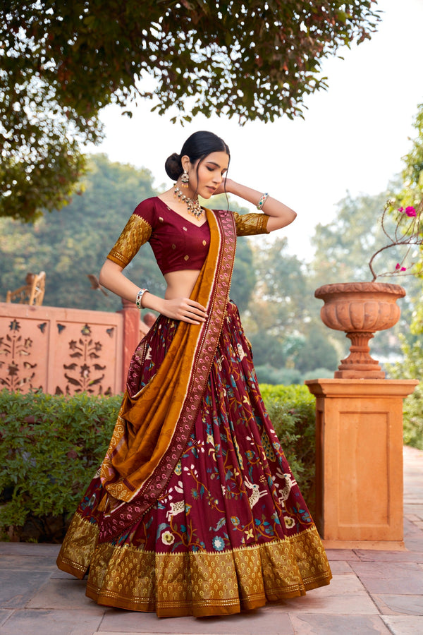Malishka Womens Maroon Dola Silk With Foil Print Lehenga Choli Set