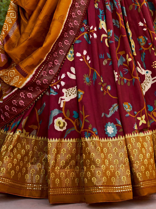 Malishka Womens Maroon Dola Silk With Foil Print Lehenga Choli Set