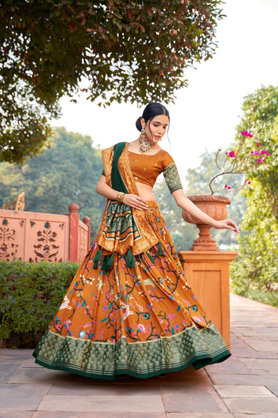 Malishka Womens Mustard Dola Silk With Foil Print Lehenga Choli Set