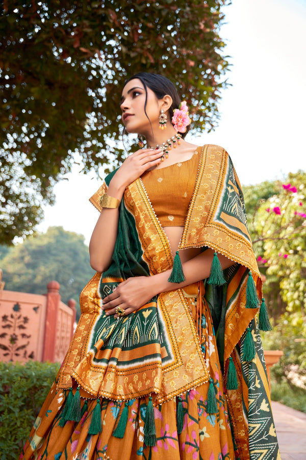 Malishka Womens Mustard Dola Silk With Foil Print Lehenga Choli Set