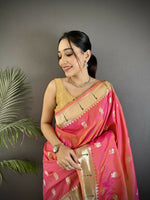 Thumbnail for Joban Fashion Peach Peacock & Floral Motifs Soft Silk Kanchipuram Saree - Distacart