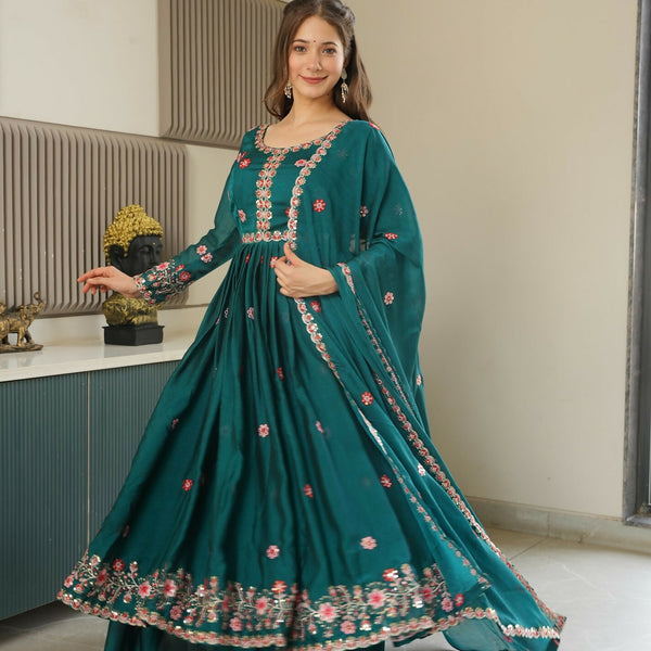 Teeya Creation Rama Color Heavy Crush Silk Wedding Wear Embroidery Work Long Gown - Distacart