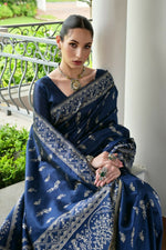Thumbnail for Vishnu Weaves Women's Blue Handloom Raw Silk Thread Weaving Saree with Blouse
