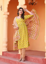 Thumbnail for Alvano Printed Naira Cut Kurti Kurti with Pant and Dupatta Set for Women's and Girls Cotton - Distacart