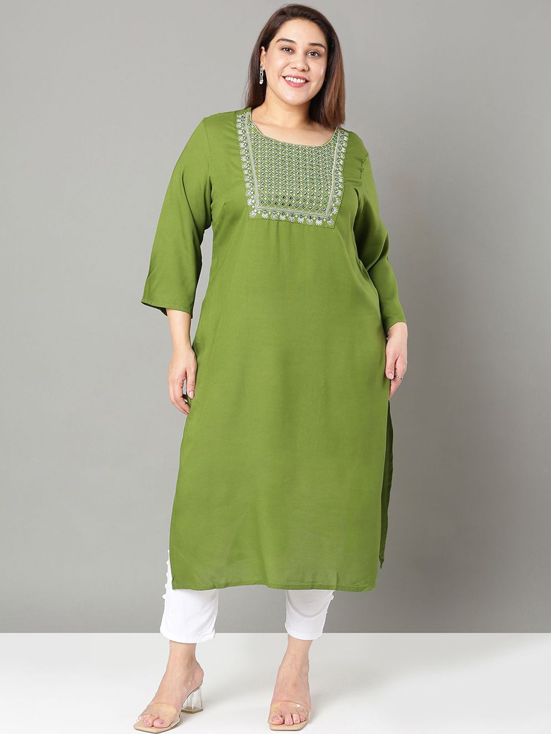 Sztori Plus Size Floral Yoke Design Mirror Work Straight Kurta - Distacart