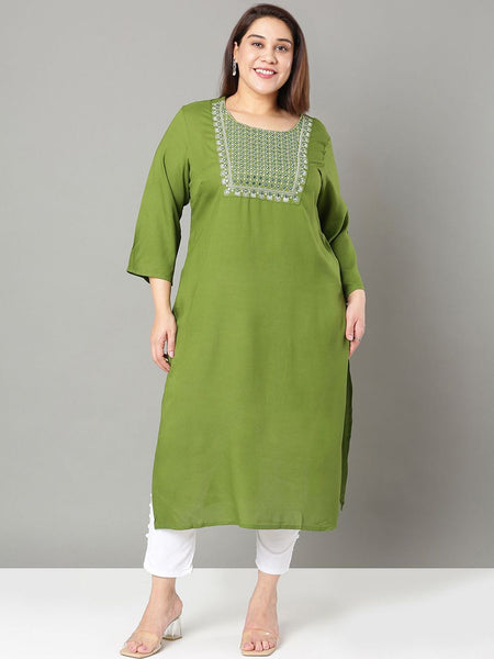 Sztori Plus Size Floral Yoke Design Mirror Work Straight Kurta