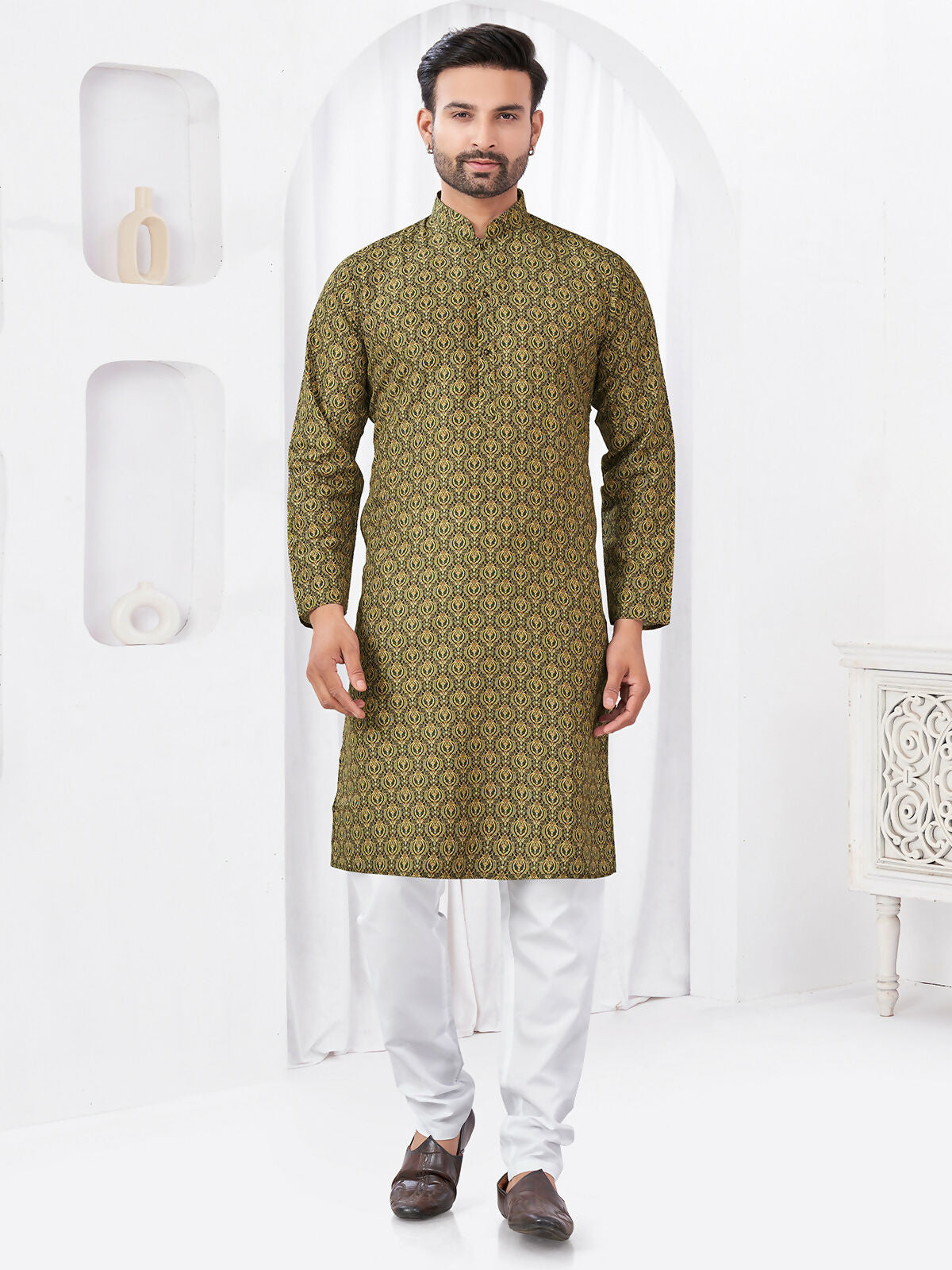 Joban Fashion Men's Rayon Cotton Olive Printed Kurta Pyjama set - Distacart