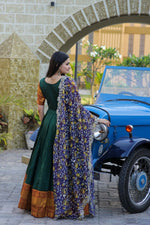 Thumbnail for Aastha Fashion Women's Bottle Green Silk Jacquard Woven with Embroidery Anarkali Dress with Dupatta - Distacart