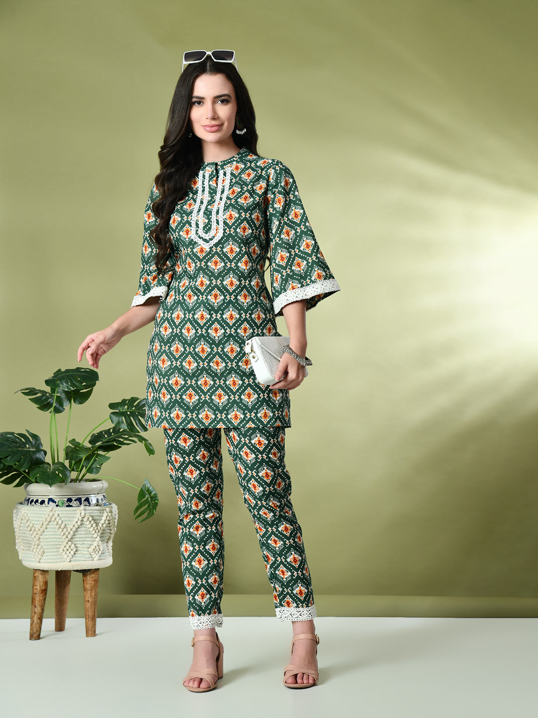 Myshka Women's Cotton Printed Co-ord set in Green Color - Distacart