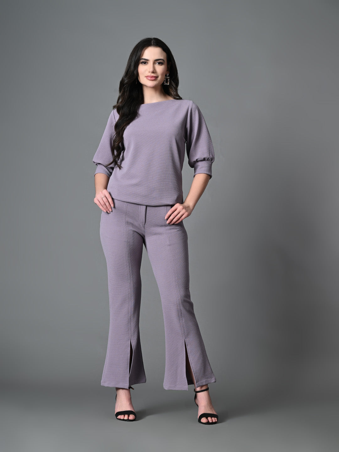 Myshka Lavender Solid Boat Neck Casual Top With Trousers Co-ord set - Distacart