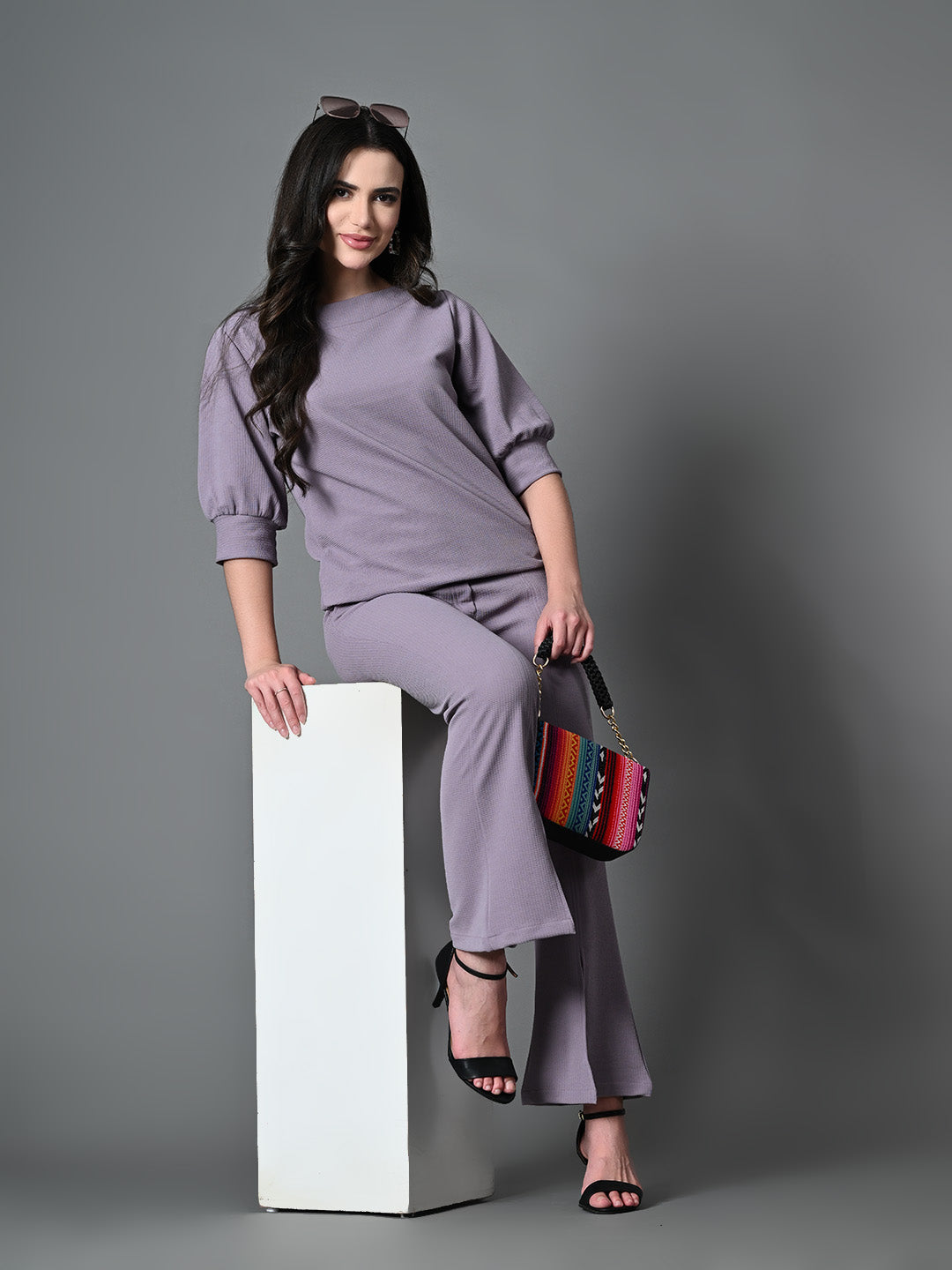 Myshka Lavender Solid Boat Neck Casual Top With Trousers Co-ord set - Distacart
