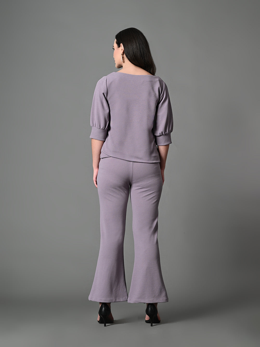 Myshka Lavender Solid Boat Neck Casual Top With Trousers Co-ord set - Distacart