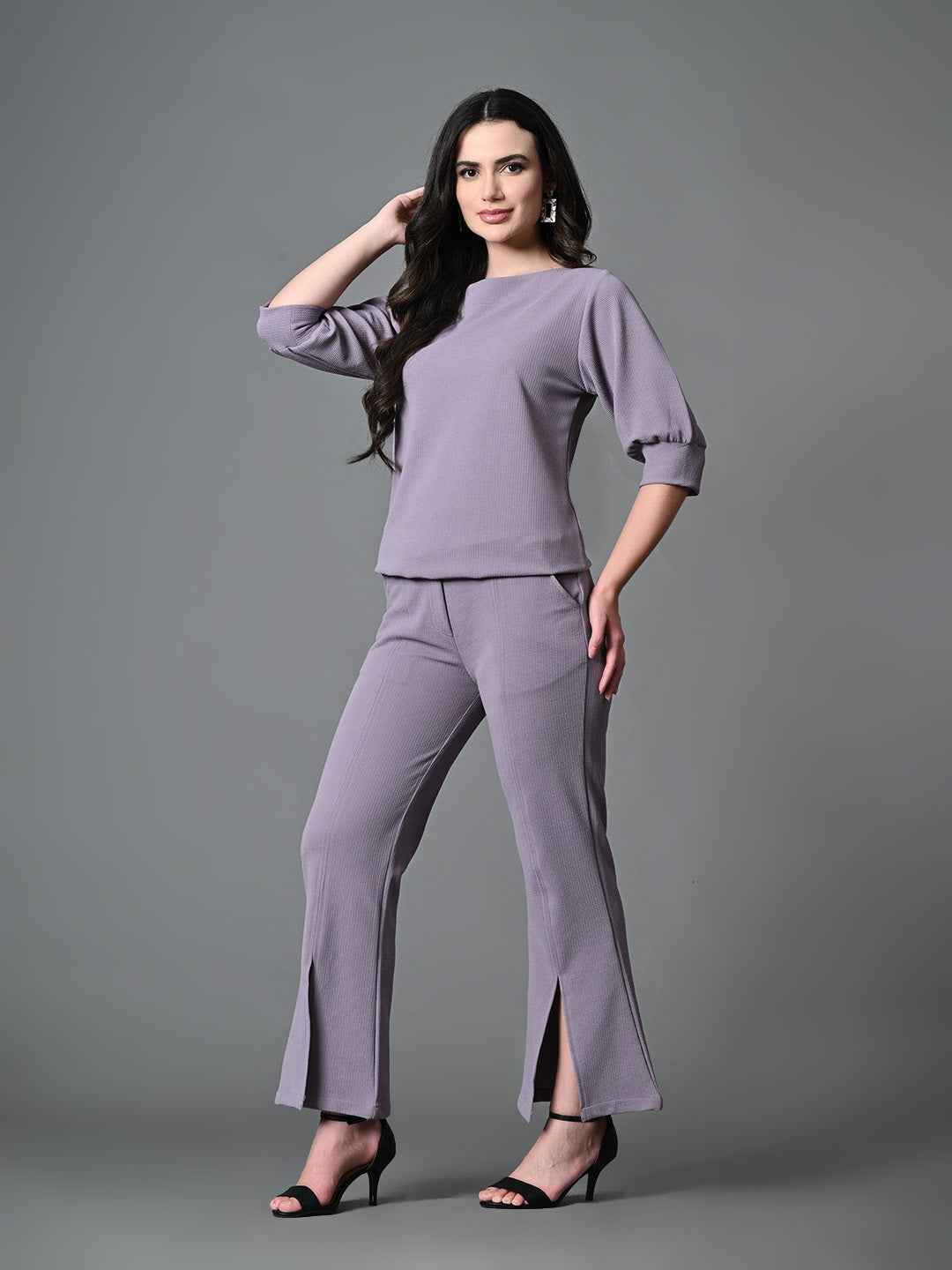 Myshka Lavender Solid Boat Neck Casual Top With Trousers Co-ord set - Distacart