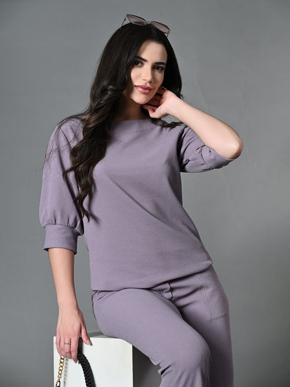 Myshka Lavender Solid Boat Neck Casual Top With Trousers Co-ord set - Distacart