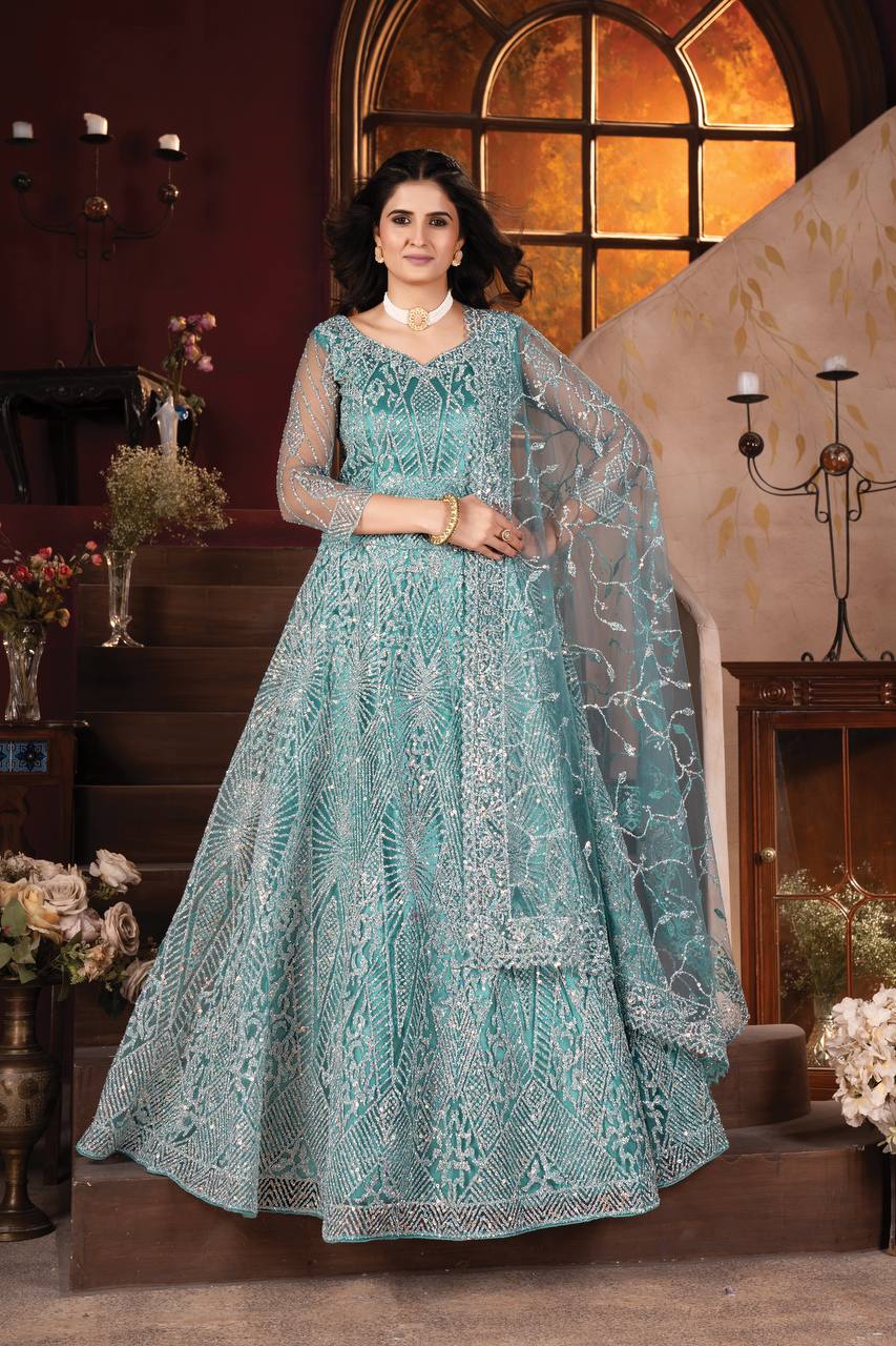 Lehenga Mart Designer Aqua Bollywood Style Bridal Lehenga Choli - Aqua-Blue - Distacart