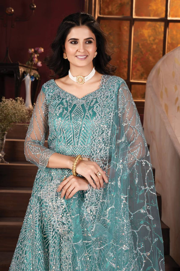 Lehenga Mart Designer Aqua Bollywood Style Bridal Lehenga Choli - Aqua-Blue - Distacart