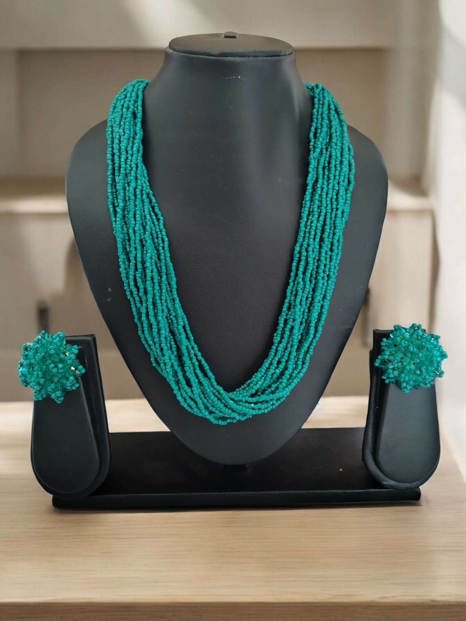 Inhanns Vibrant Handmade 20 Layers Beaded Necklace With Matching Earrings - Sea Green - Distacart