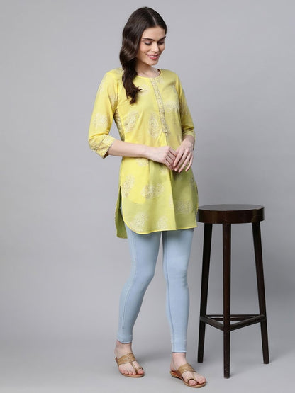 Ahalyaa Women Yellow Pure Cotton Glitter Print Tunic - Distacart
