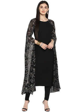 Ahalyaa Women's Black Georgette Rubber Glitter Print Kurta