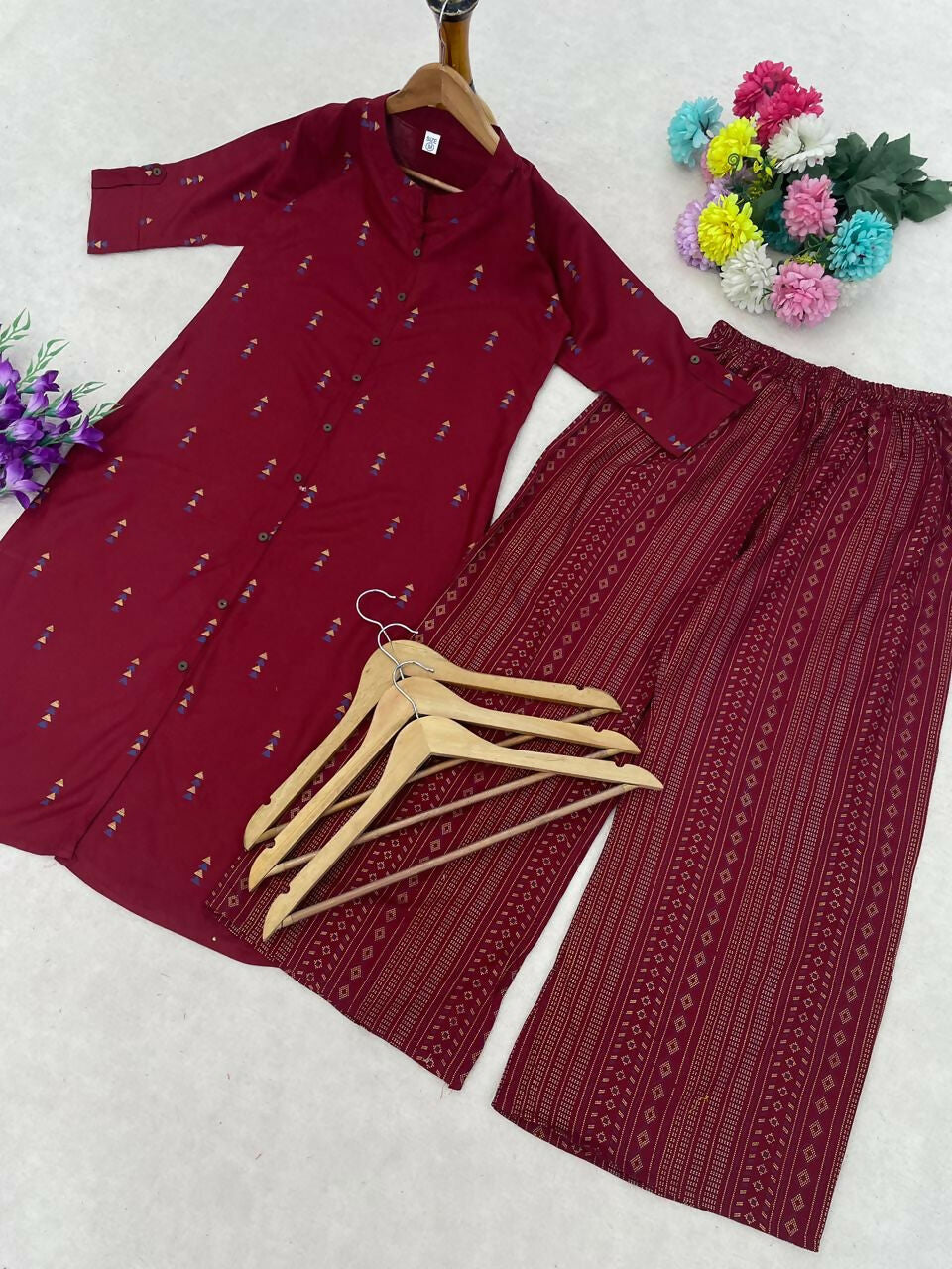 Teeya Creation Elegant Red Cotton Kurta Set Featuring Button Detail And Printed Palazzos - Dista