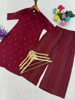 Thumbnail for Teeya Creation Elegant Red Cotton Kurta Set Featuring Button Detail And Printed Palazzos - Dista