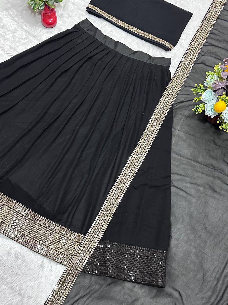 Avantini Women's Black Faux Georgette With Embroidered Lehenga Choli Set - Distacart