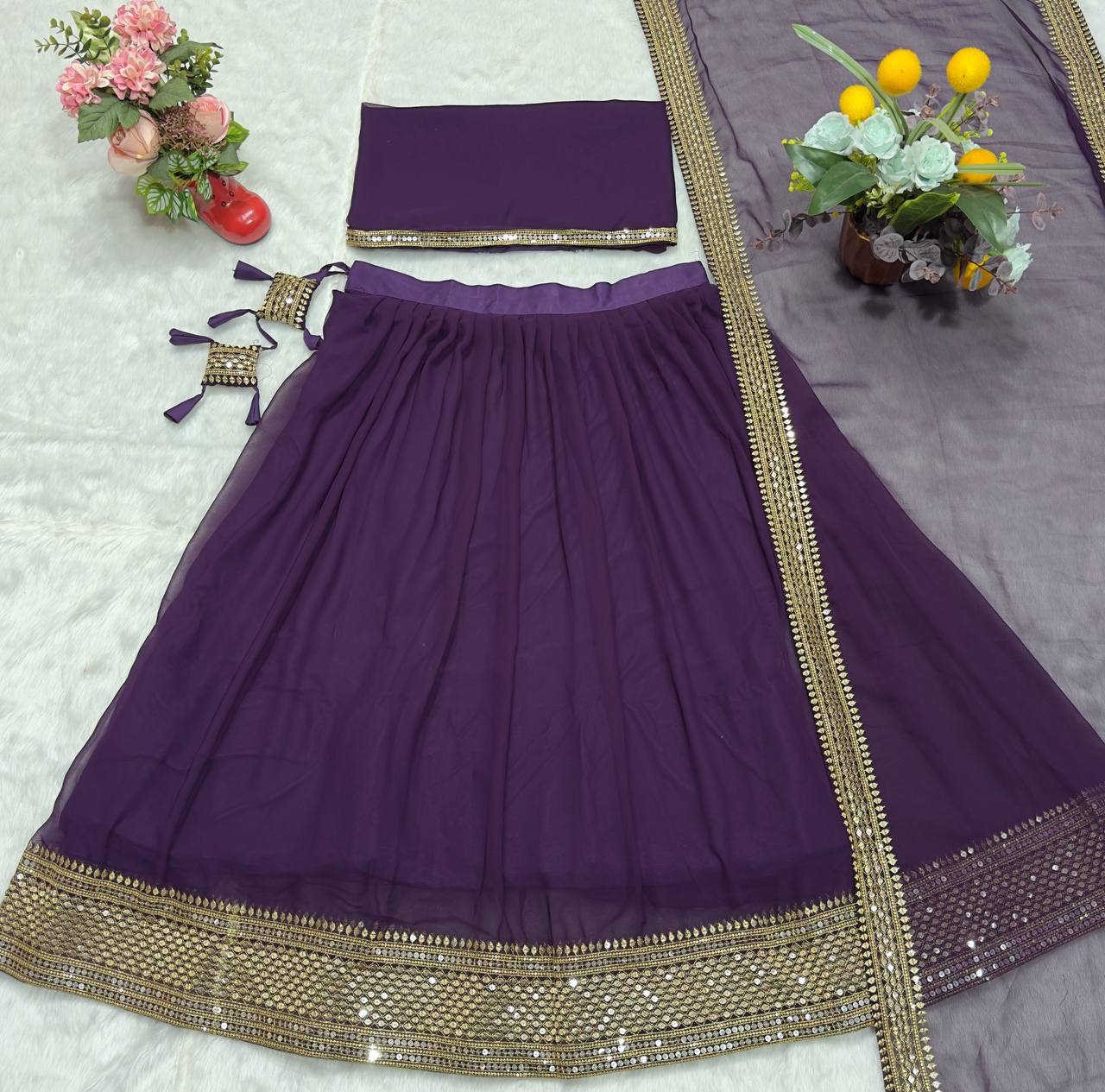 Avantini Women's Wine Faux Georgette With Embroidered Lehenga Choli Set - Distacart