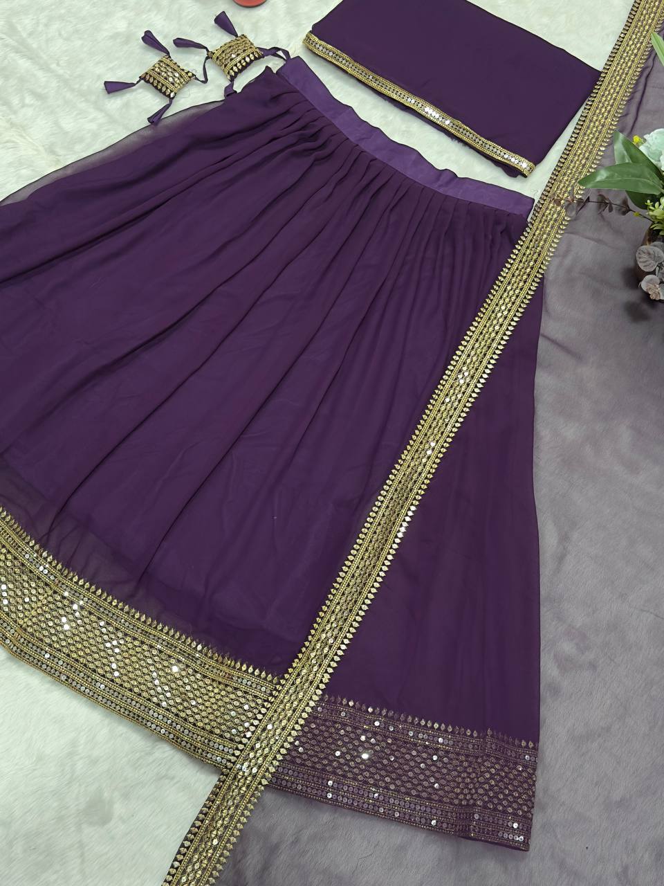 Avantini Women's Wine Faux Georgette With Embroidered Lehenga Choli Set - Distacart