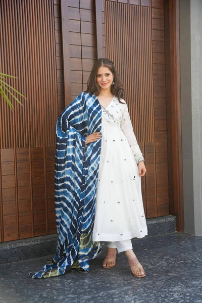 Avantini Women's White Roman Cotton Embroidered Anarkali Kurta Pant With Dupatta - Distacart