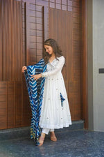 Thumbnail for Avantini Women's White Roman Cotton Embroidered Anarkali Kurta Pant With Dupatta - Distacart