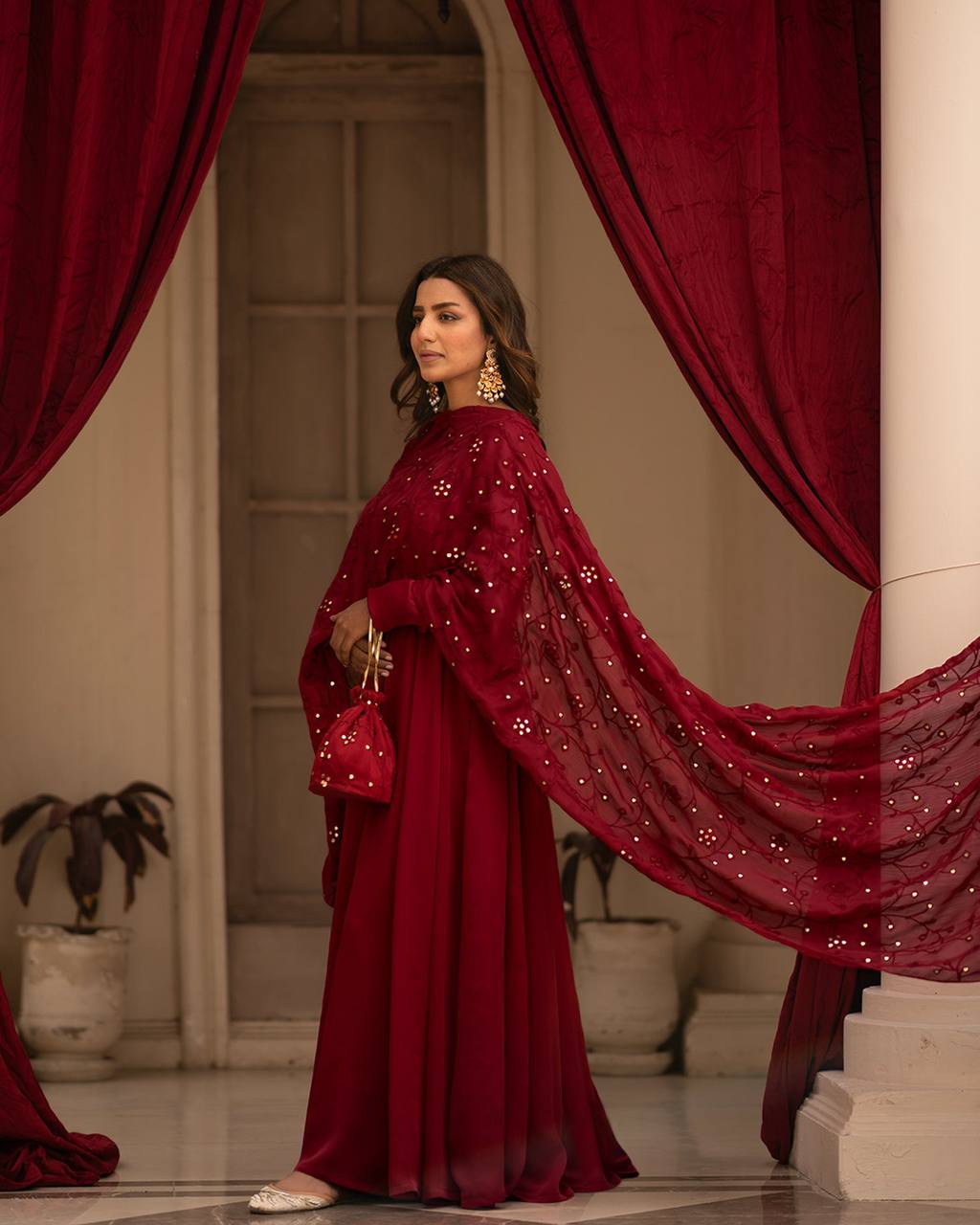 Avantini Women's Maroon Roman Cotton Solid Anarkali Kurta Pant With Dupatta - Distacart