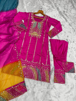 Thumbnail for Avantini Women's Pink Roman Cotton Embroidered Straight Kurta Pant With Dupatta - Distacart