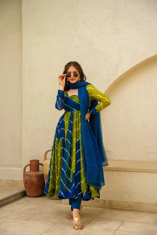 Avantini Women's Blue Organza Digital Print Anarkali Kurta Pant With Dupatta - Distacart