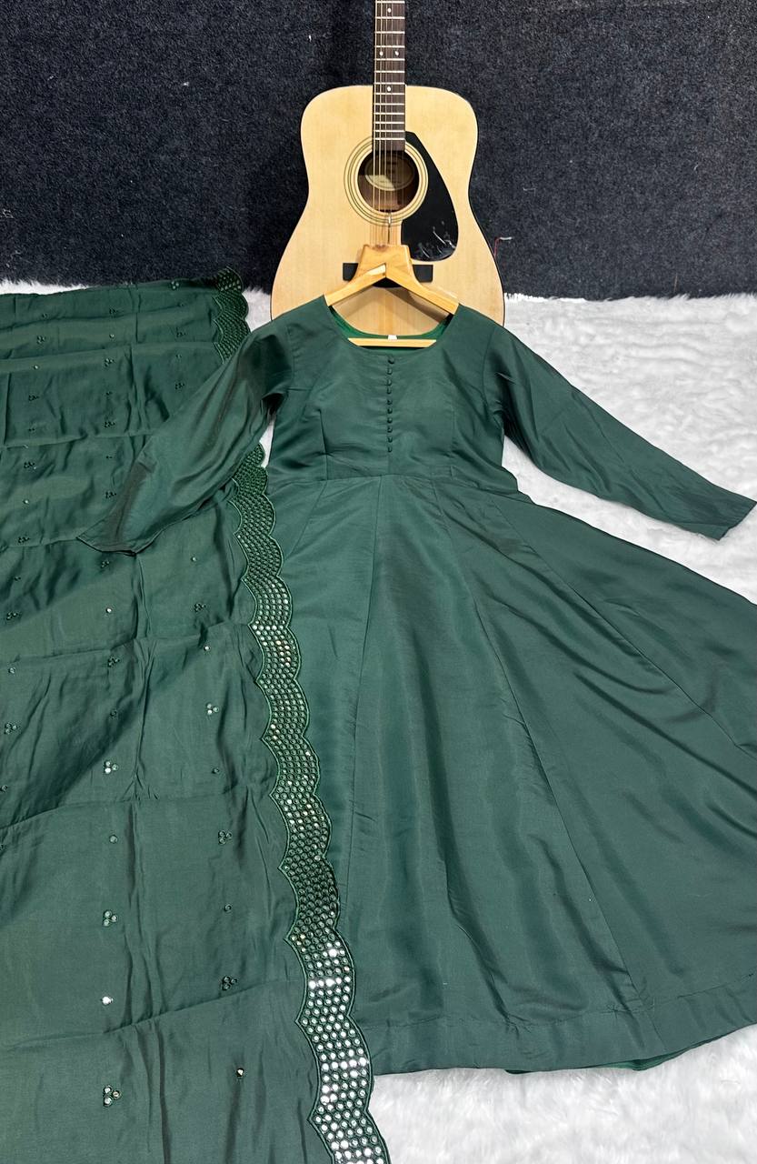 Avantini Women's Green Roman Cotton Solid Anarkali Kurta Pant With Dupatta - Distacart
