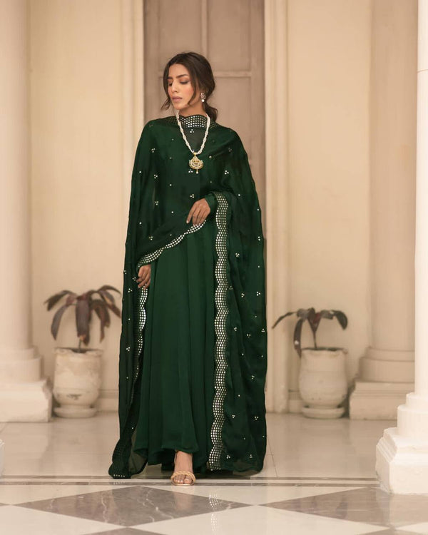 Avantini Women's Green Roman Cotton Solid Anarkali Kurta Pant With Dupatta - Distacart