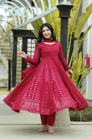 Avantini Women's Maroon Faux Georgette Embroidered Anarkali Kurta Pant With Dupatta - Distacart
