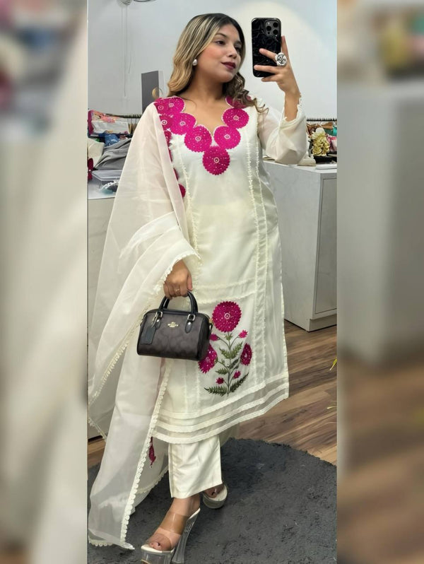 Avantini Women's White Faux Georgette Embroidered Straight Kurta Pant With Dupatta - Distacart
