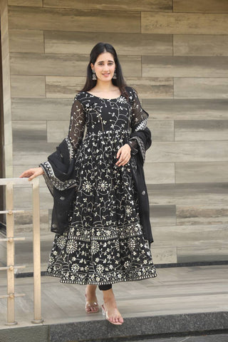 Avantini Women's Black Georgette Embroidered Anarkali Kurta Pant With Dupatta - Distacart